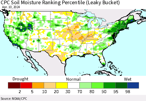 United States CPC Soil Moisture Ranking Percentile (Leaky Bucket) Thematic Map For 4/6/2024 - 4/10/2024