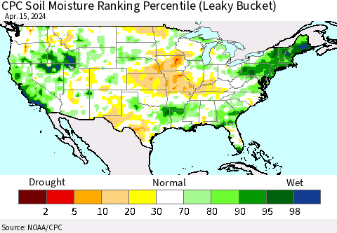 United States CPC Soil Moisture Ranking Percentile (Leaky Bucket) Thematic Map For 4/11/2024 - 4/15/2024