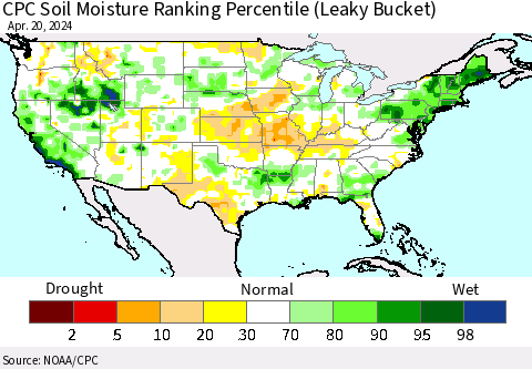 United States CPC Soil Moisture Ranking Percentile (Leaky Bucket) Thematic Map For 4/16/2024 - 4/20/2024
