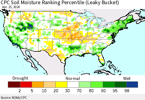 United States CPC Soil Moisture Ranking Percentile (Leaky Bucket) Thematic Map For 4/21/2024 - 4/25/2024