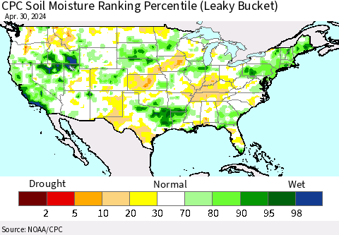 United States CPC Soil Moisture Ranking Percentile (Leaky Bucket) Thematic Map For 4/26/2024 - 4/30/2024