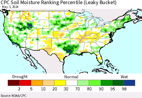 United States CPC Soil Moisture Ranking Percentile (Leaky Bucket) Thematic Map For 5/1/2024 - 5/5/2024