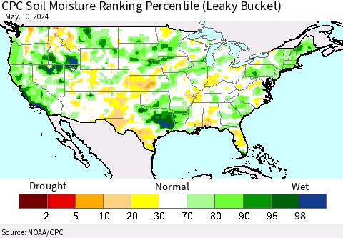United States CPC Soil Moisture Ranking Percentile (Leaky Bucket) Thematic Map For 5/6/2024 - 5/10/2024
