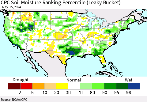 United States CPC Soil Moisture Ranking Percentile (Leaky Bucket) Thematic Map For 5/11/2024 - 5/15/2024