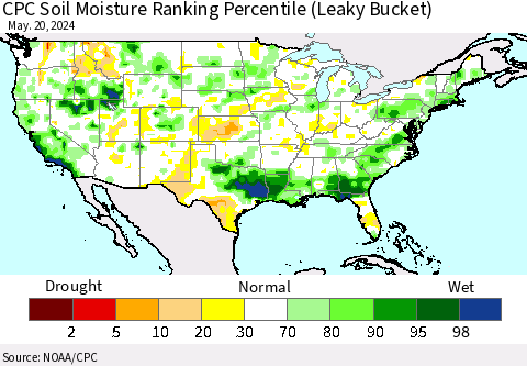 United States CPC Soil Moisture Ranking Percentile (Leaky Bucket) Thematic Map For 5/16/2024 - 5/20/2024