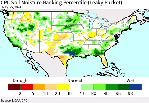 United States CPC Soil Moisture Ranking Percentile (Leaky Bucket) Thematic Map For 5/21/2024 - 5/25/2024