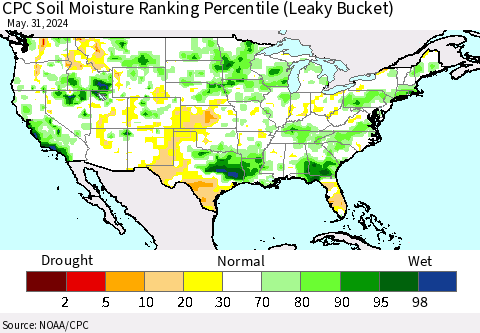 United States CPC Soil Moisture Ranking Percentile (Leaky Bucket) Thematic Map For 5/26/2024 - 5/31/2024