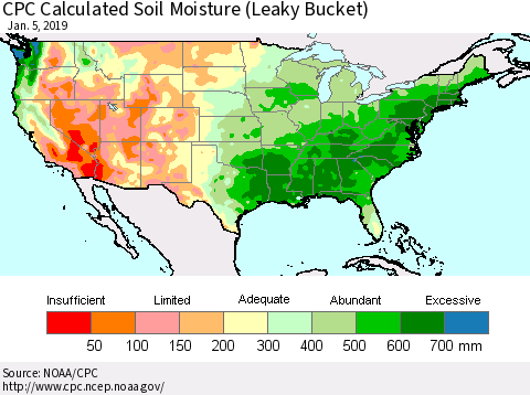 United States CPC Calculated Soil Moisture (Leaky Bucket) Thematic Map For 1/1/2019 - 1/5/2019