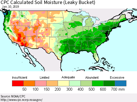 United States CPC Calculated Soil Moisture (Leaky Bucket) Thematic Map For 1/6/2019 - 1/10/2019