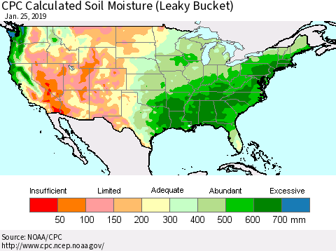 United States CPC Calculated Soil Moisture (Leaky Bucket) Thematic Map For 1/21/2019 - 1/25/2019