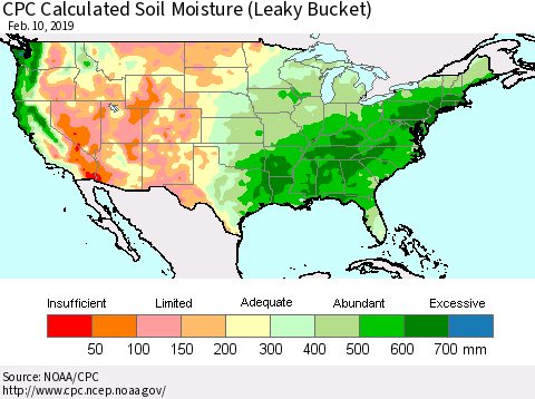United States CPC Calculated Soil Moisture (Leaky Bucket) Thematic Map For 2/6/2019 - 2/10/2019