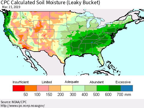 United States CPC Calculated Soil Moisture (Leaky Bucket) Thematic Map For 3/11/2019 - 3/15/2019