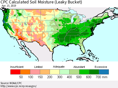 United States CPC Calculated Soil Moisture (Leaky Bucket) Thematic Map For 4/11/2019 - 4/15/2019