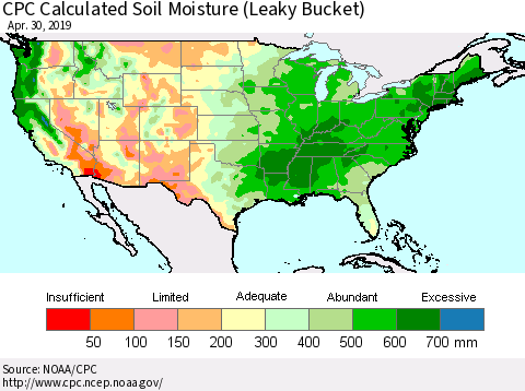 United States CPC Calculated Soil Moisture (Leaky Bucket) Thematic Map For 4/26/2019 - 4/30/2019
