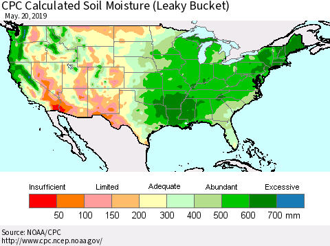 United States CPC Calculated Soil Moisture (Leaky Bucket) Thematic Map For 5/16/2019 - 5/20/2019