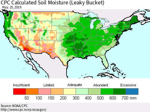 United States CPC Calculated Soil Moisture (Leaky Bucket) Thematic Map For 5/21/2019 - 5/25/2019