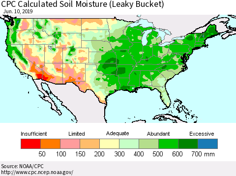 United States CPC Calculated Soil Moisture (Leaky Bucket) Thematic Map For 6/6/2019 - 6/10/2019