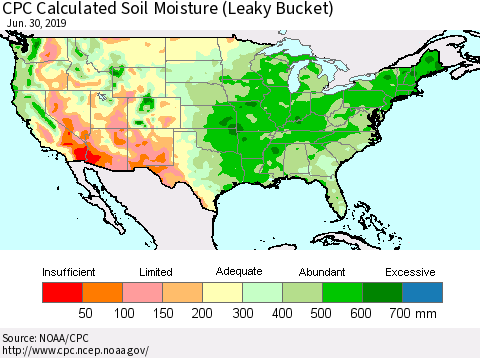 United States CPC Calculated Soil Moisture (Leaky Bucket) Thematic Map For 6/26/2019 - 6/30/2019