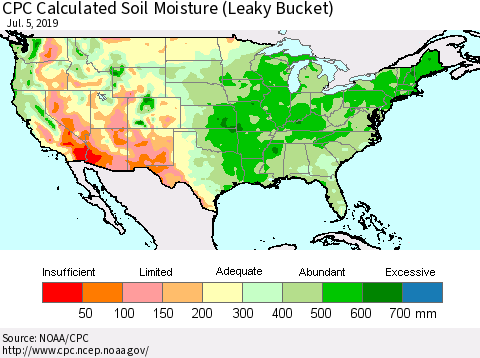 United States CPC Calculated Soil Moisture (Leaky Bucket) Thematic Map For 7/1/2019 - 7/5/2019