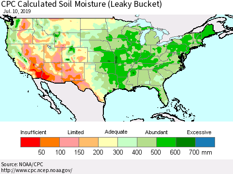 United States CPC Calculated Soil Moisture (Leaky Bucket) Thematic Map For 7/6/2019 - 7/10/2019