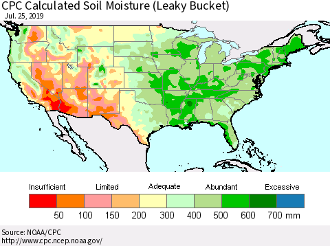 United States CPC Calculated Soil Moisture (Leaky Bucket) Thematic Map For 7/21/2019 - 7/25/2019