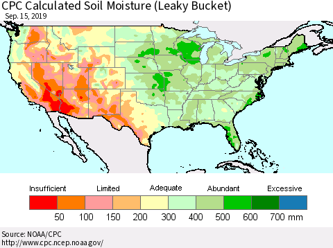 United States CPC Calculated Soil Moisture (Leaky Bucket) Thematic Map For 9/11/2019 - 9/15/2019