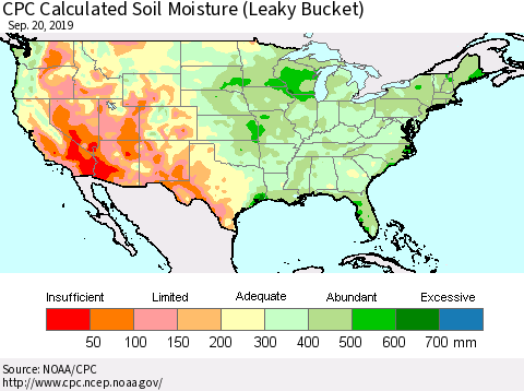 United States CPC Calculated Soil Moisture (Leaky Bucket) Thematic Map For 9/16/2019 - 9/20/2019