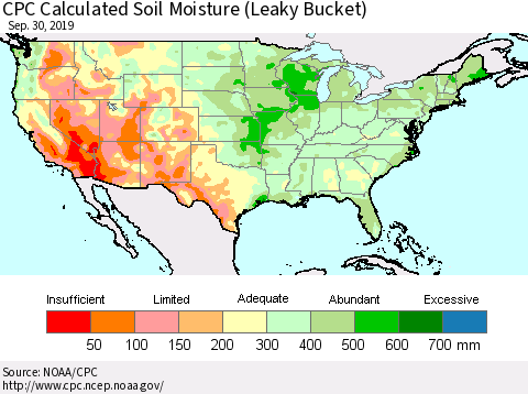 United States CPC Calculated Soil Moisture (Leaky Bucket) Thematic Map For 9/26/2019 - 9/30/2019