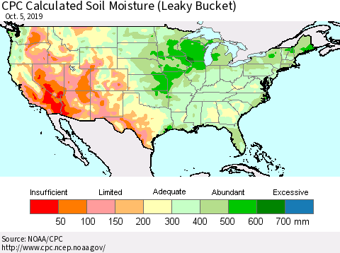 United States CPC Calculated Soil Moisture (Leaky Bucket) Thematic Map For 10/1/2019 - 10/5/2019