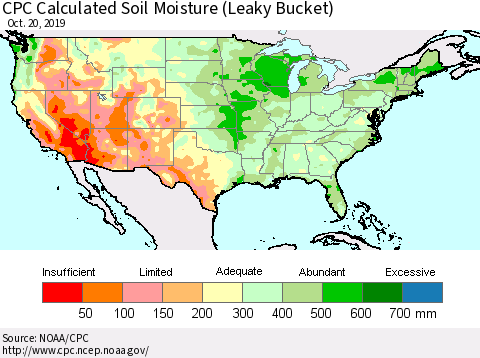 United States CPC Calculated Soil Moisture (Leaky Bucket) Thematic Map For 10/16/2019 - 10/20/2019