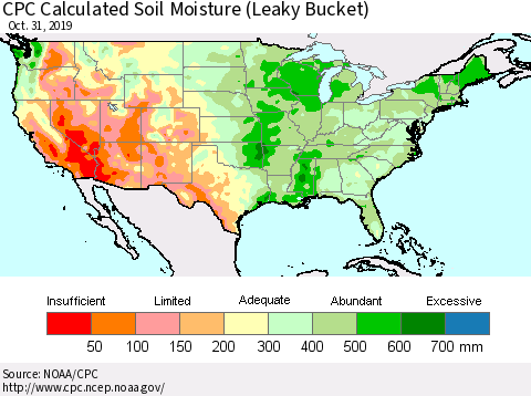 United States CPC Calculated Soil Moisture (Leaky Bucket) Thematic Map For 10/26/2019 - 10/31/2019