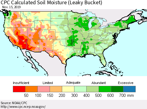 United States CPC Calculated Soil Moisture (Leaky Bucket) Thematic Map For 11/11/2019 - 11/15/2019