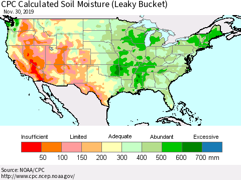 United States CPC Calculated Soil Moisture (Leaky Bucket) Thematic Map For 11/26/2019 - 11/30/2019