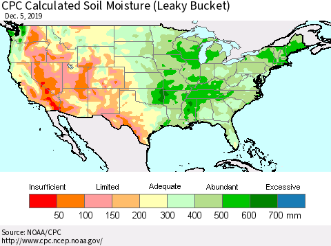 United States CPC Calculated Soil Moisture (Leaky Bucket) Thematic Map For 12/1/2019 - 12/5/2019
