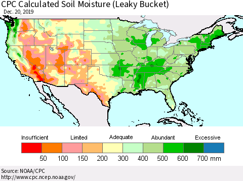 United States CPC Calculated Soil Moisture (Leaky Bucket) Thematic Map For 12/16/2019 - 12/20/2019