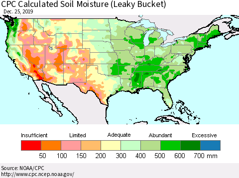 United States CPC Calculated Soil Moisture (Leaky Bucket) Thematic Map For 12/21/2019 - 12/25/2019