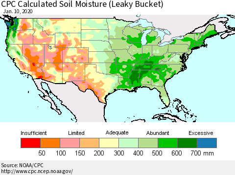 United States CPC Calculated Soil Moisture (Leaky Bucket) Thematic Map For 1/6/2020 - 1/10/2020