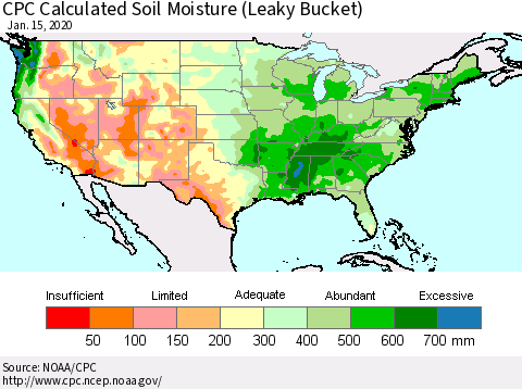 United States CPC Calculated Soil Moisture (Leaky Bucket) Thematic Map For 1/11/2020 - 1/15/2020