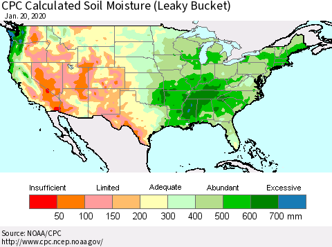 United States CPC Calculated Soil Moisture (Leaky Bucket) Thematic Map For 1/16/2020 - 1/20/2020
