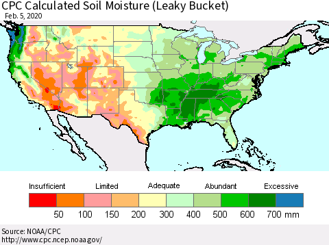 United States CPC Calculated Soil Moisture (Leaky Bucket) Thematic Map For 2/1/2020 - 2/5/2020