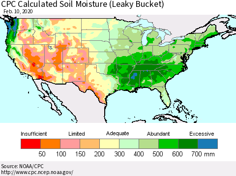 United States CPC Calculated Soil Moisture (Leaky Bucket) Thematic Map For 2/6/2020 - 2/10/2020