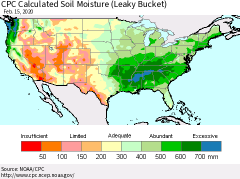 United States CPC Soil Moisture (Leaky Bucket) Thematic Map For 2/11/2020 - 2/15/2020