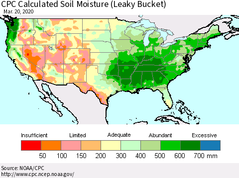 United States CPC Calculated Soil Moisture (Leaky Bucket) Thematic Map For 3/16/2020 - 3/20/2020
