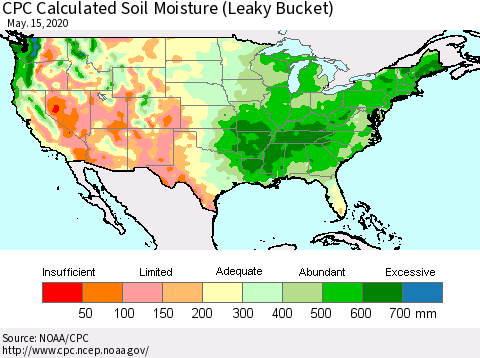 United States CPC Calculated Soil Moisture (Leaky Bucket) Thematic Map For 5/11/2020 - 5/15/2020