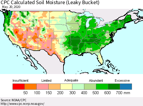 United States CPC Calculated Soil Moisture (Leaky Bucket) Thematic Map For 5/16/2020 - 5/20/2020