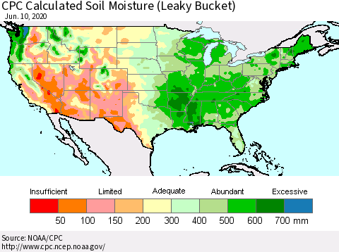 United States CPC Calculated Soil Moisture (Leaky Bucket) Thematic Map For 6/6/2020 - 6/10/2020