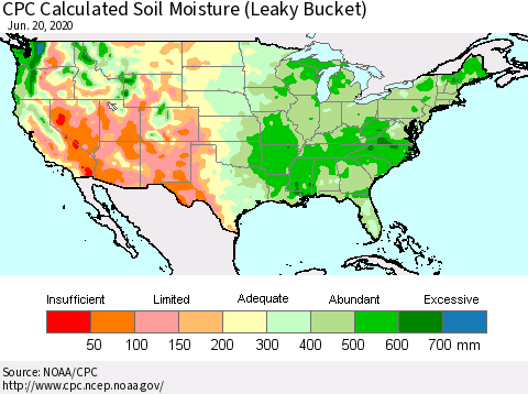 United States CPC Calculated Soil Moisture (Leaky Bucket) Thematic Map For 6/16/2020 - 6/20/2020