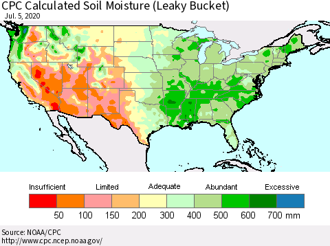 United States CPC Calculated Soil Moisture (Leaky Bucket) Thematic Map For 7/1/2020 - 7/5/2020
