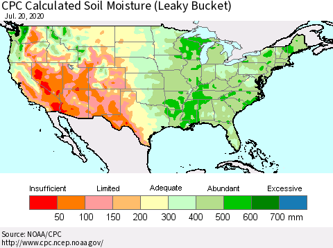 United States CPC Calculated Soil Moisture (Leaky Bucket) Thematic Map For 7/16/2020 - 7/20/2020