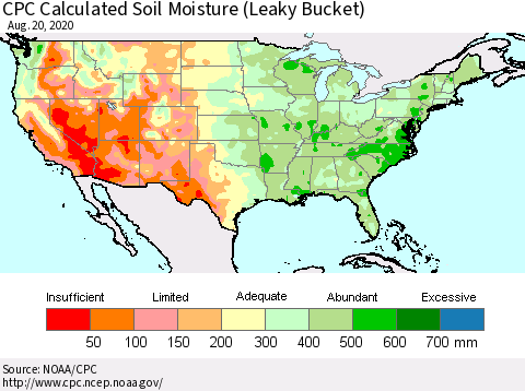 United States CPC Calculated Soil Moisture (Leaky Bucket) Thematic Map For 8/16/2020 - 8/20/2020